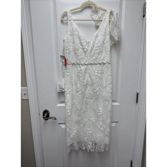 MAC DUGGAL Size 12 White Floral Embellished V-Neck Cocktail MIDI Dress Wedding - Picture 9 of 11